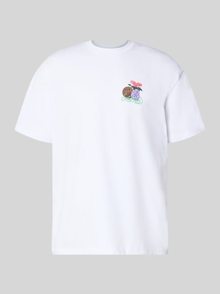 Produktfoto, T-shirt met labelprint en ronde hals, Heren T-shirt van Les Deux, puur katoen, relaxed fit, model 'Cole Table', ruglengte maat M 71 cm