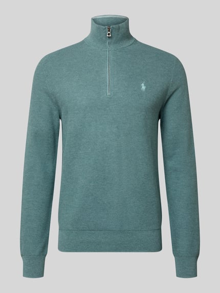 Produktfoto, Pullover mit Half Zip Troyerkragen von POLO RALPH LAUREN in Uni-Optik, Logo-Stitching, gerippte Bündchen, grüne Stricktextur
