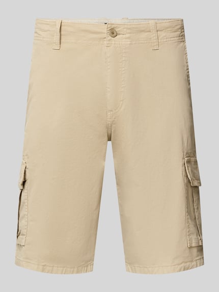 Produktfoto, Bermudas mit Cargotaschen von bugatti in Beige, Regular Fit, Knopf- und Reißverschluss, Gesäßtaschen, strukturierte Oberfläche.