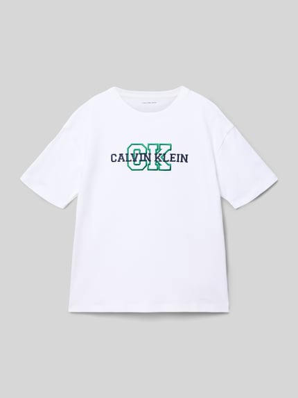 Productfoto, Regular Fit T-Shirt aus reiner Baumwolle van Calvin Klein Jeans, wit, effen, label stitching, ronde hals, korte mouwen, katoen