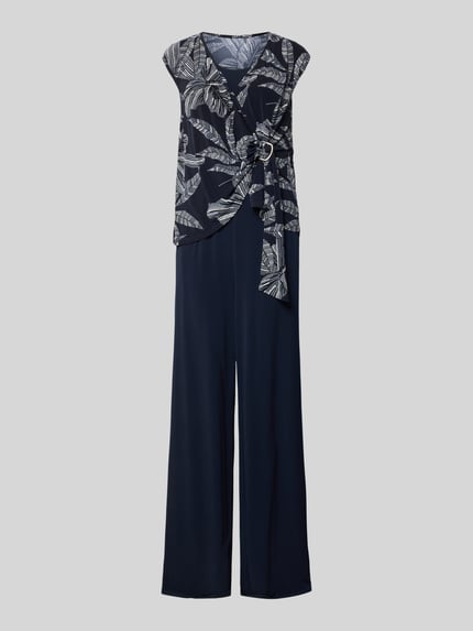 Produktfoto, Relaxed Fit Jumpsuit in Wickel-Optik von Vera Mont aus Elastischer-Material-Mix, Dunkelblau mit Floraler-Print, Kappärmel, Raffung, Rundhalsausschnitt, Gesamtlänge 150 cm.