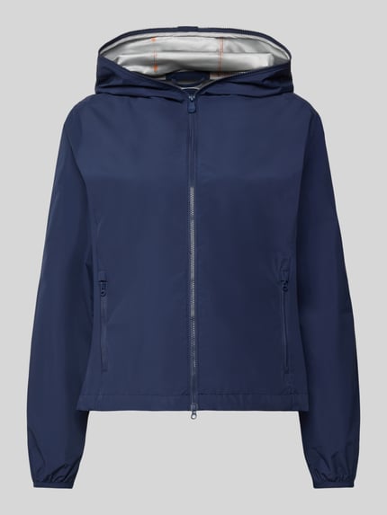 Produktfoto, Regular Fit Jacke mit Zweiwegereißverschluss Modell 'Stella' von SAVE THE DUCK in Dunkelblau, glatte Oberfläche, zwei Reißverschlusstaschen, Damenjacke.