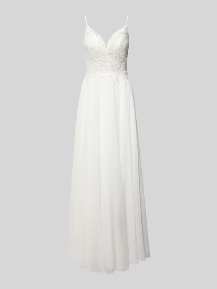 Produktfoto, Regular Fit Brautkleid mit floralem Spitzenbesatz von Luxuar, białe, półprzezroczyste, z kwiatową koronką, długość do ziemi.