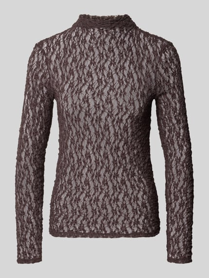 Produktfoto, Slim Fit Longsleeve aus Spitze von Rich & Royal, Koronka w kolorze brązu, krój slim fit, Półprzezroczysty materiał, Stójka, Długość tyłu w rozmiarze S: 68 cm