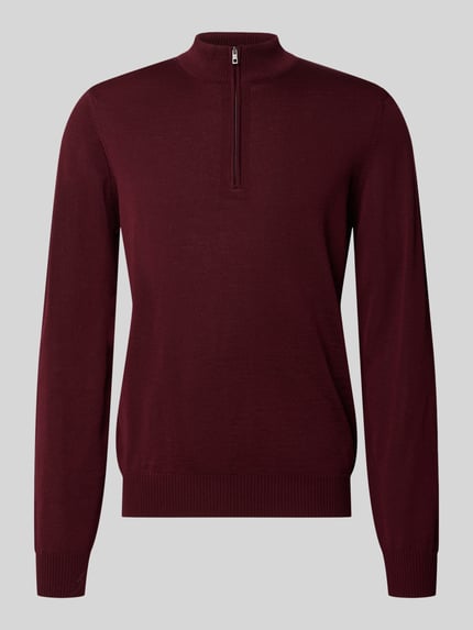 Produktfoto, Regular Fit Sweatshirt aus reiner Schurwolle mit Troyer-Kragen von MAERZ Muenchen, krój regular fit, czysta żywa wełna, kołnierz zapinany, elastyczne wykończenia, długość tyłu w rozmiarze 50: 69 cm, długość rękawów w rozmiarze 50: 68 cm, kolor bordowy, gładka tekstura