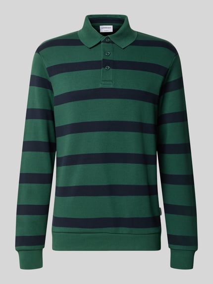 Produktfoto, Regular Fit Poloshirt von Lindbergh, grün-schwarz gestreift, Polokragen mit Knopfleiste, elastische Abschlüsse, Material-Mix mit Baumwoll-Anteil, Rückenlänge 74 cm bei Größe M