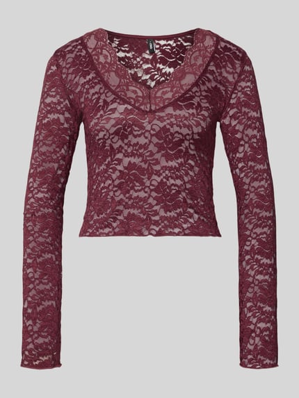 Produktfoto, Slim Fit Langarmshirt in Spitzen-Mesh-Optik Modell 'NIKKA' von ONLY, Damen Langarmshirt, bordeaux, florale Spitze, halbtransparent