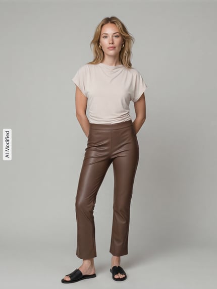 Raffaello Rossi Wide leg kunstleren broek van viscosemix model 'MACY' Taupe - 1