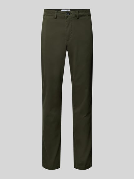 Produktfoto, Slim Fit Chino aus Baumwoll-Mix Modell 'MILES' von Selected Homme, olivgrün, unifarben, glatter Stoff, seitliche Eingrifftaschen