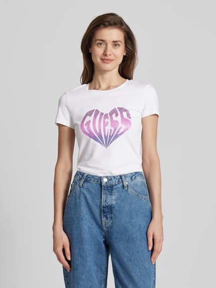 GUESS T-shirt z obszyciem kamieniami stras model ‘HEART’ Biały 4