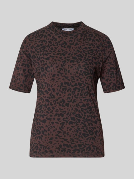 Produktfoto, T-Shirt mit Leo-Print von MORE & MORE, braun-schwarzer Animal-Print, gerader Schnitt, Stehkragen, Material-Mix mit Stretch-Anteil