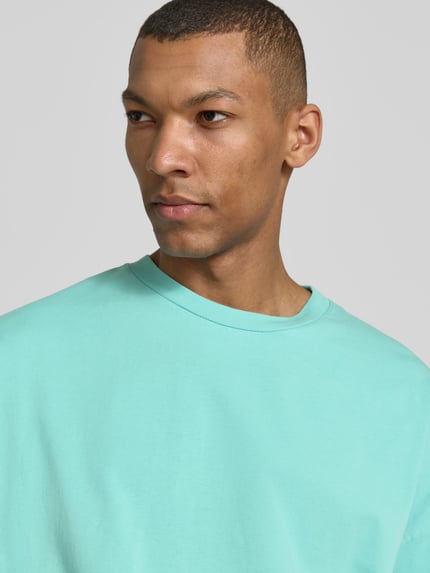 Männermodel trägt T-Shirt mit geripptem Rundhalsausschnitt Modell 'FIZVALLEY' von American Vintage in Mint, reine Baumwolle, Nahaufnahme Oberkörper.