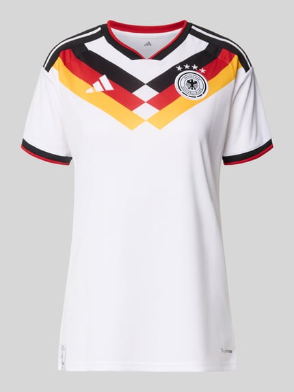 Productfoto, wit dames tricotstijl sportshirt met V-hals, zwart-rood-geel patroon, labelstitching, model 'DFB' van adidas Sportswear, slim fit, ruglengte maat S 63 cm.