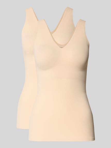 Produktfoto, Slim Fit Top mit V-Ausschnitt Modell 'Invisible' od Schiesser, elastyczna mieszanka materiałów, beżowy kolor, gładka faktura
