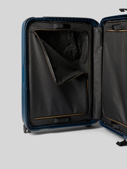 Produktfoto, Koffer mit Logo-Detail Modell 'Spinner' von Samsonite mit Reißverschluss-Hauptfach, Hardshell, Innenansicht, blau, strukturierte Oberfläche