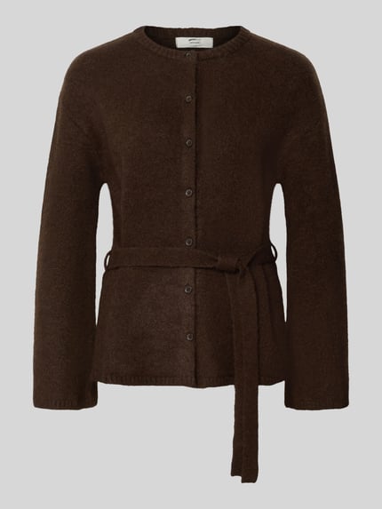 Produktfoto, Cardigan mit Woll-Anteil und Bindegürtel von Gina Tricot, braun, Knopfleiste, taillierter Schnitt, Struktur aus Material-Mix