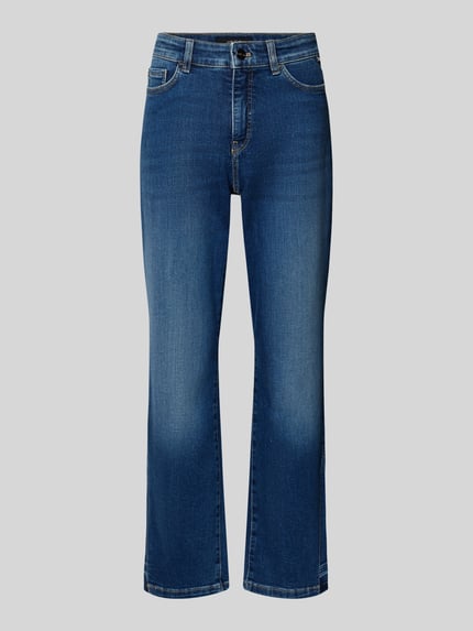 Produktfoto, Feminine Fit Jeans in verkürzter Passform von Marc Cain aus Baumwoll-Elasthan-Mix mit Eingrifftaschen, blaue Denimstruktur.