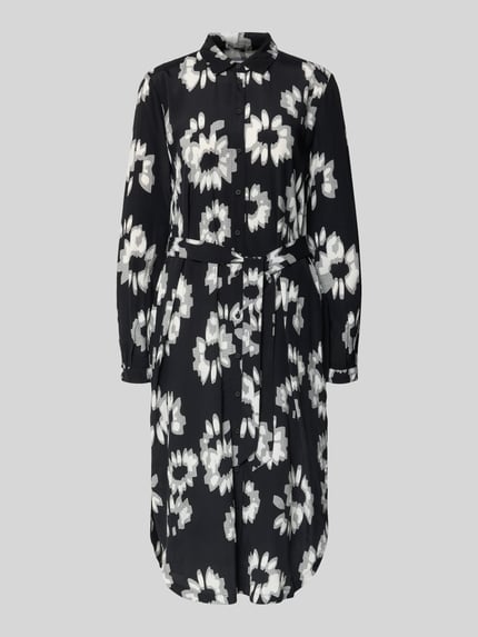 Produktfoto, Midikleid mit Bindegürtel von Esprit aus reiner Viskose mit floraler Allover-Print, gerader Schnitt, Umlegekragen, durchgehende Knopfleiste, Bindegürtel, Rückenlänge 118 cm, Brustweite 51 cm, Ärmellänge 64 cm, schwarz-weißes Blumenmuster.
