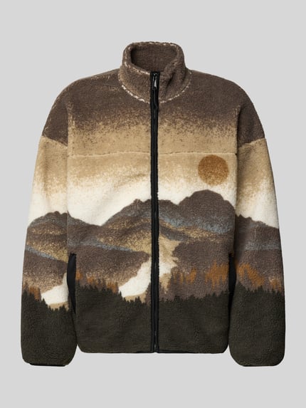 Produktfoto, Loose Fit Webpelzjacke mit Allover-Muster Modell 'BLAZE' von Only & Sons, Teddyfell in Braunbeige mit Landschaftsmotiv, Stehkragen, verdeckter Reißverschluss, Reißverschlusstaschen.