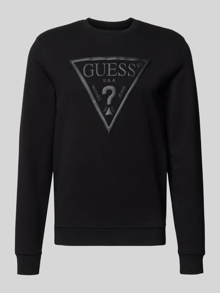 Produktfoto, schwarzes Regular Fit Sweatshirt mit Logo-Detail Modell 'Audley' von Guess aus Baumwoll-Mix, Rundhalsausschnitt, elastische Abschlüsse