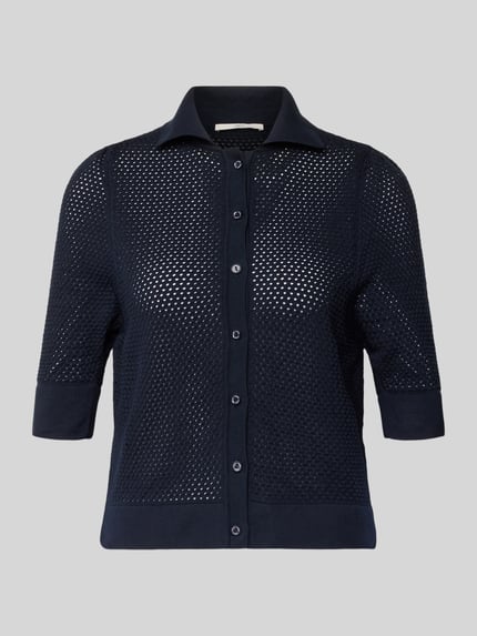 Produktfoto, Strickjacke mit Polokragen und 1/2-Arm von Lanius aus reiner Baumwolle in Dunkelblau, feine Lochstrick-Textur, Regular Fit