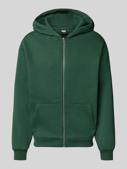 Produktfoto, Regular Fit Sweatjacke aus Baumwoll-Mix mit Kapuze von URBAN CLASSICS, krój regular fit, mieszanka bawełny, zamek błyskawiczny, kieszeń kangurka, kolor ciemnozielony, tekstura gładka, długość tyłu w rozmiarze M: 70 cm, długość rękawów w rozmiarze M: 63 cm