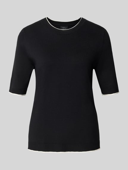 Produktfoto, Regular Fit Pullover aus Viskose-Mix von s.Oliver BLACK LABEL in Schwarz mit weißen Kanten, glatte Textur, neutraler Hintergrund.