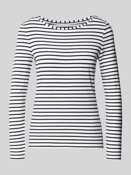 Produktfoto, Longsleeve im Allover-Look mit Rundhalsausschnitt von Oui, weiß-schwarz gestreiftes Damen-Oberteil aus Baumwoll-Mix mit Micromodal-Anteil, Regular Fit, Rückenlänge 60 cm bei Größe 36