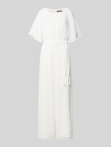 Productfoto, Jumpsuit aus fließendem Stoff mit Bindegürtel van Vera Mont in wit chiffon met wijde benen, strikceintuur, ruglengte maat 36: 146 cm, borstwijdte: 33 cm, mouwlengte: 30 cm, totale lengte: 147 cm, binnenbeenlengte: 81 cm