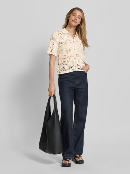 Milano Italy Blouse in gehaakte look met knoopsluiting Zand - 1