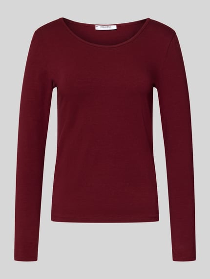 Produktfoto, Longsleeve mit geripptem Rundhalsausschnitt von ZABAIONE w kolorze bordowym, slim fit, bawełna z elastanem, długość tyłu 56 cm