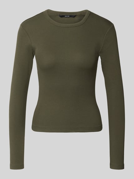 Produktfoto, olivgrünes Slim Fit Langarmshirt aus Baumwoll-Mix Modell 'CHLOE' von VERO MODA, glatte Struktur, Damen Langarmshirt