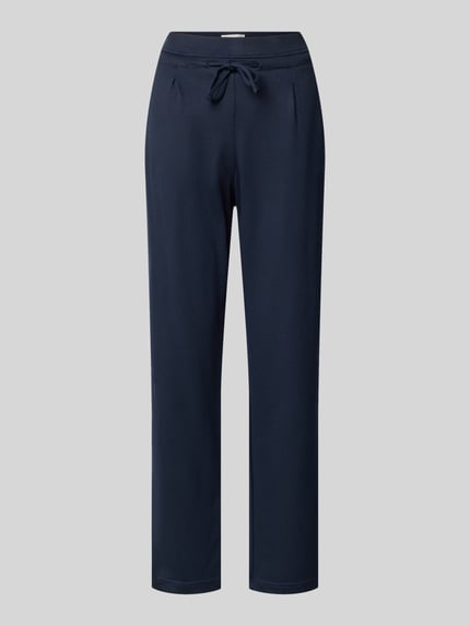 Produktfoto, Hose aus Viskose-Mix mit elastischem Bund und Tunnelzug von Christian Berg Woman, dunkelblau, glatte Textur, Regular Fit, Stretch-Anteil, Damen Hose, Bundweite 39 cm, Innenbeinlänge 68 cm.