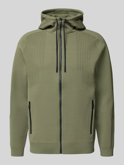 Produktfoto, Regular Fit Trainingsjacke mit Jacquard Elementen Modell 'ACTIVE PUSH' von BOSS Green, oliwkowy, gładka struktura, wodoodporny zamek, kieszenie na suwak, żebrowane mankiety i dół, kaptur ze ściągaczem