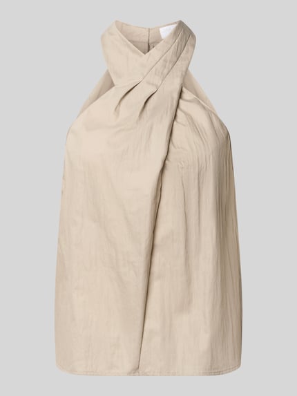 Productfoto, Neckholder-Blusentop aus katoenmix van Jake*s Collection in beige met drapering, regular fit, knoopsluiting achter, maat 36, ruglengte 59 cm
