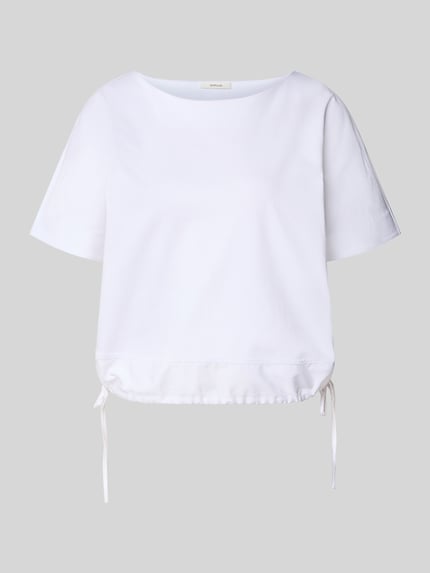 Produktfoto, weißes T-Shirt mit Kordelzug Modell 'Sarzi' von OPUS, reine Baumwolle, lockerer Schnitt, runder Hals, glatte Textur