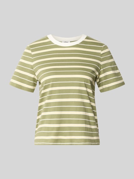 Produktfoto, Regular Fit T-Shirt aus reiner Baumwolle van s.Oliver RED LABEL, groen met wit all-over streeppatroon, ronde hals, korte mouw, label patch, jersey katoen
