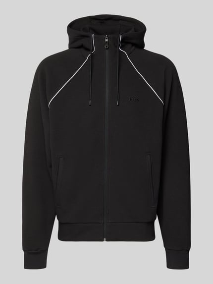 Produktfoto, Regular Fit Sweatjacke aus Baumwoll-Mix von BOSS Green in Schwarz mit Kapuze, Kontraststreifen und Reißverschluss, Piqué-Struktur