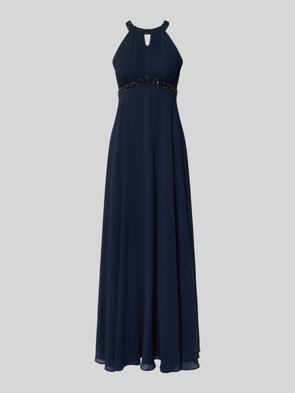 Produktfoto, Regular Fit Abendkleid mit Rückenausschnitt von Jake*s Cocktail in Dunkelblau, Ziersteinbesatz, Neckholder, fließender Stoff.