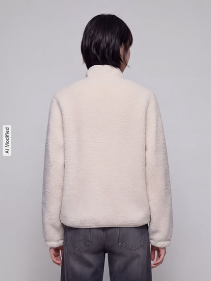 Vrouwenmodel draagt Regular Fit sweatjack van teddybont van Jake*s Casual in licht beige, effen structuur, Ganzkörperansicht Rückansicht, KI-modifiziertes Bild.