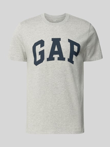 Produktfoto, T-Shirt mit Logo und Rundhalsausschnitt von GAP, Herren T-Shirt aus reiner Baumwolle, Regular-Fit, graues Material, Rückenlänge 72 cm.