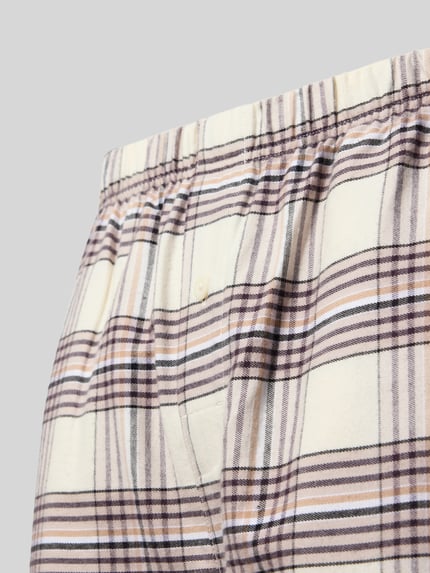 Produktfoto, Pyjama-Hose Holiday Pants mit Gummizug von BOSS, mehrfarbig kariertes Muster, glatte Webware, Detailaufnahme.