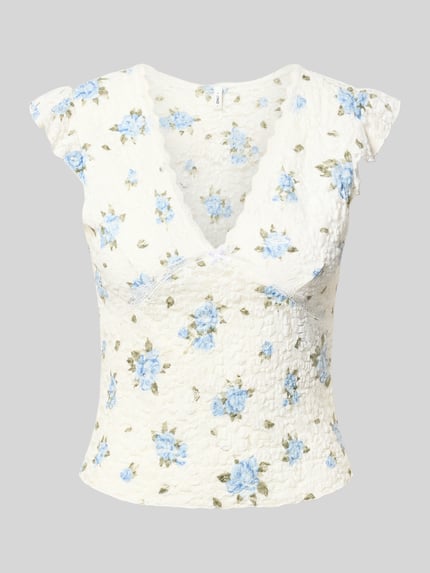Produktfoto, Slim Fit Top mit tiefem V-Ausschnitt Modell 'SAGA' von Only, Florales-Allover-Muster in Blau und Grün, Jersey, Kurzarm, strukturierte Oberfläche