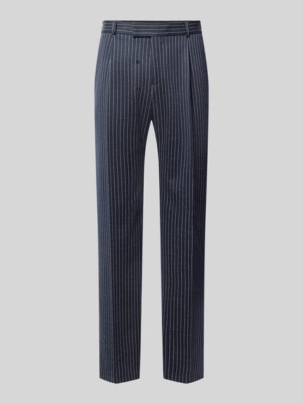 Produktfoto, dunkelblaue Straight Fit Hose mit weißen Nadelstreifen von Zuitable, Modell 'Connor', Material-Mix mit Schurwoll-Anteil, sichtbare Haken- und Reißverschlussleiste, seitliche Eingrifftaschen, Gesäßtaschen, präsentiert auf hellem Hintergrund, Kontext: Herren Hose, Bundweite 47 cm, Innenbeinlänge 82 cm.