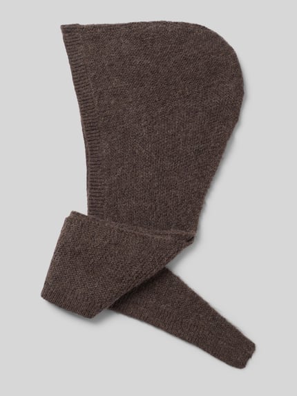 Produktfoto, Kapuzenschal mit gerippten Abschlüssen Modell 'Elise' von LOLLYS LAUNDRY aus braunem Material-Mix mit Alpaka-Anteil, strukturierte Oberfläche, Breite 23 cm, Länge 95 cm.