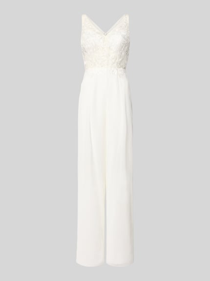 Produktfoto, Jumpsuit mit Spitze von Laona w kolorze białym, krój slim fit, dekolt V, półprzezroczysty, szerokość w rozmiarze 36: 34 cm, długość tyłu: 54 cm