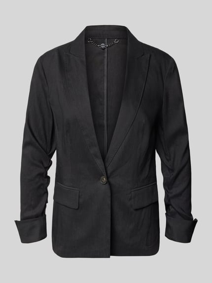 Produktfoto, Blazer aus Leinen-Mix mit Reverskragen von Marc Cain, mieszanka lnu i wiskozy, taliowany krój, zapięcie na guzik, kieszenie z patką, rękawy z zakładką, długość tyłu w rozmiarze 36: 62 cm, szerokość klatki piersiowej w rozmiarze 36: 44 cm, długość rękawów w rozmiarze 36: 52 cm