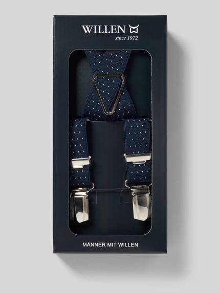 Productfoto, Hosenträger in X-Form van Willen in donkerblauw met witte stippen, elastisch materiaal, verstelbare banden, metalen clips