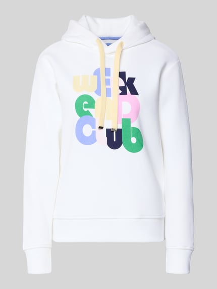 Produktfoto, Hoodie mit Kapuze von Christian Berg Woman aus Baumwoll-Mix, lockerer Schnitt, Kapuze, Tunnelzug, Statement-Print, gerippte Abschlüsse, weiß mit buntem Print und glatter Textur.