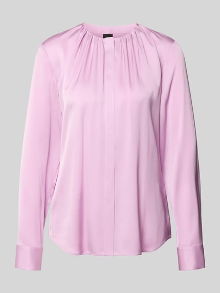 Productfoto, Regular Fit Langarmbluse aus Seiden-Mix model 'BANORAH' van BOSS, look: effen, satijn, tuniekkraag, ronde hals, verborgen knoopsluiting, manchet, dames